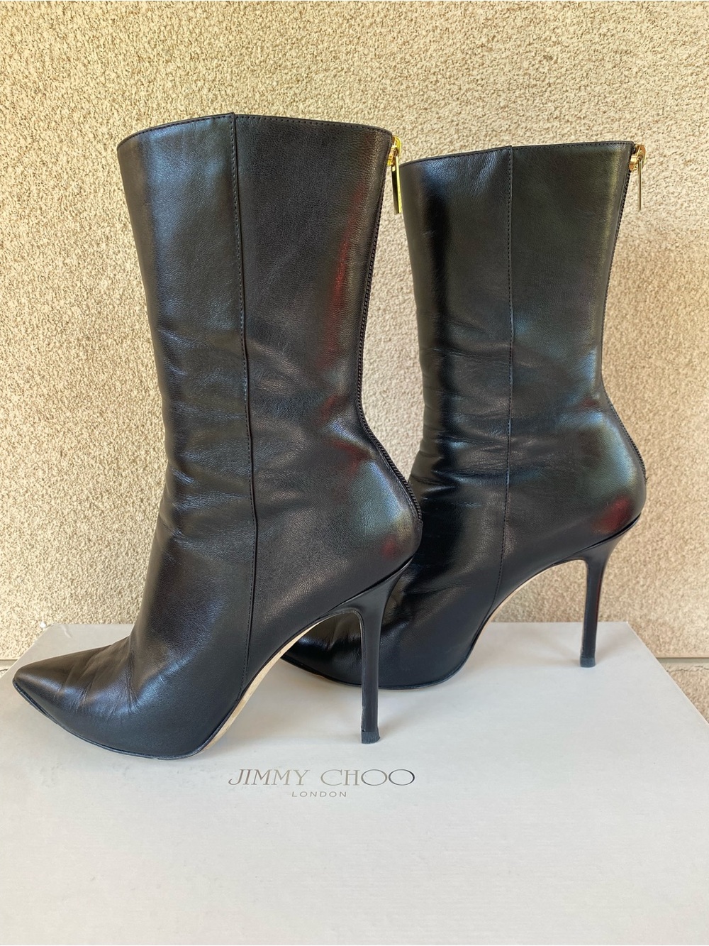 Jimmy Choo “Lorne” Black Leather Pointed Stiletto Mid-Calf Boots